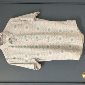 Short-Sleeve Patterned Button-Up Shirt - Light Blue & Peach